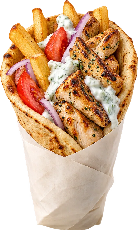 Sufllaqe me mish në grill, patate, sallatë dhe salcë