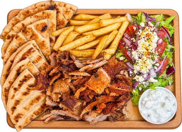 Sufllaqe e hapur në tabaka: pite, patate, mish, sallatë dhe salcë
